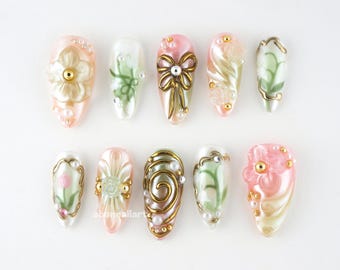 Pearl Floral Baroque Press On Nails, 3D Flower Nails, Gold Bow Nails, Elegant Wedding Nails, Pastel Art Nails NX1W9
