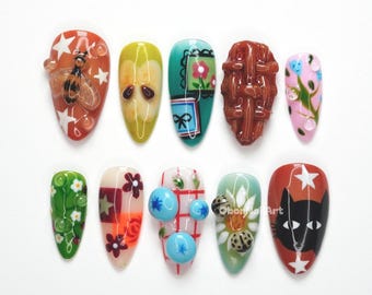 Eclectic Art Mix Press On Nails, Funky Nail Art, Handmade Press Ons, Colorful Nails, Wearable Mini Art, Unique Fake Nails ZK0O6