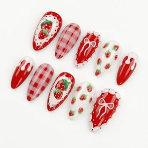 Strawberry Picnic Red And White Press On Nails, Gingham Pattern, Drippy Icing, 3D Fruit Art, Cottagecore, Gift For Her V3R6R - image 2