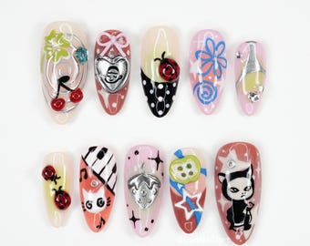 Wunderliche Retro-Kunst-Presse auf den Nägeln, süße 3D-Nagelkunst, Vintage-Karikaturnägel, Kawaii-Presse