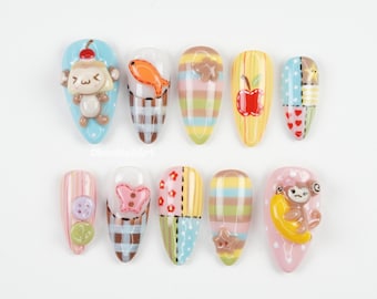 3D Süßtier Drücken Sie auf die Nägel, Kawaii Essen Kunst, Cartoon Nageldesign, Bunte Retro Nägel, Verspieltes Handgefertigtes Set LP1W9