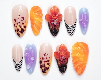 Tropical Safari Press On Nails, Animal Print Nails, 3d Flower Nails, Orange Fruit Nails, Colorful Summer Nails, Zebra Design LOXW9