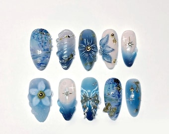 Starry Blue | Hand-Painted Art | Reusable Stick On Nails | Party & Bridal Nails | Premium Press on Nails