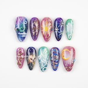 Ongles à repousser galaxie céleste, ongles sur le thème de l'espace, art nuit étoilée, design d'ongles cosmique, ongles fantaisie faits main XU1W9