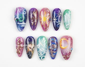 Celestial Galaxy Press On Nails, Space Theme Nails, Starry Night Art, Cosmic Nail Design, Handmade Fantasy Nails XU1W9
