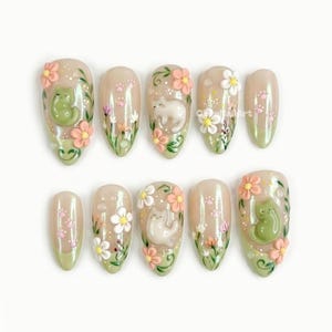Kitty Blossom Pastel Press On Nails, Kawaii, 3D Floral Art, Sage Beige, Fairycore, Cat Lover Gift, Spring RQWCC - image 1