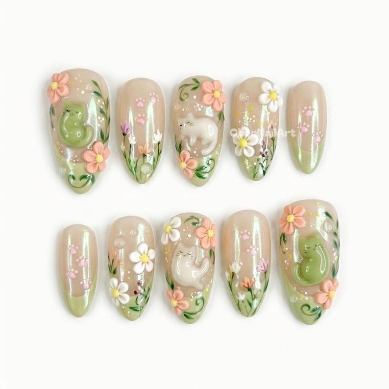 Kitty Blossom Pastel Press On Nails, Kawaii, 3D Floral Art, Sage Beige, Fairycore, Cat Lover Gift, Spring RQWCC - image 1