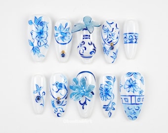Blue Floral Porcelain Press On Nails, Hand Painted Nail Art, Cobalt Ceramic Design, Elegant White and Blue, 3d Flower Nails VW1W9