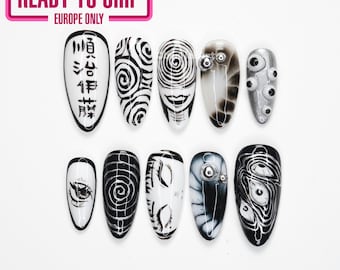 Spooky Spiral Monochrome Press On Nails, Horror Manga Nails, Gothic Press On Nails, Black White Nails, Creepy Cute Nails RN0O6