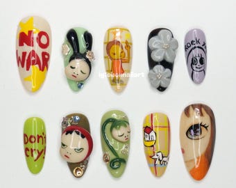 Nara Yoshimoto Press On Nails, Handpainted Art Nails, Contemporary Japanese Illustration, Pop Culture Nail Art, Emotional Nail Design OB34