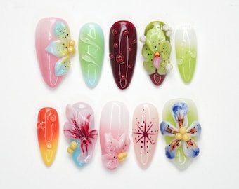 Floral 3d Art Press On Nails, Hand Painted Flowers, Colorful Nail Art, Summer Floral Nails, Garden Party Glam VQXW9