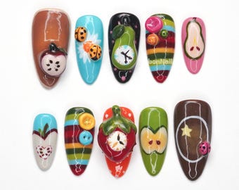 Fruit Garden Spaß Drücken Sie auf die Nägel, Süße Fruchtnägel, 3d Essen Nail Art, Cartoon Nägel, Sommer Kawaii Nägel, Funky Bunte Spitzen PTXW9