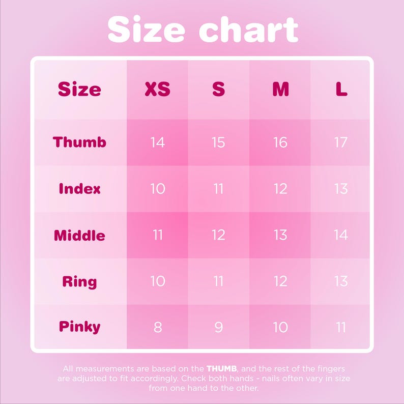 The image is a size chart that provides measurements for different finger sizes, specifically thumb, index, middle, ring, and pinky fingers. The chart is based on the thumb size, and the rest of the fingers are adjusted to fit accordingly. The measurements are provided in millimeters, and the thumb is used as a reference for the other fingers. The chart is designed to help people determine the appropriate size of a hand or finger based on their thumb size.