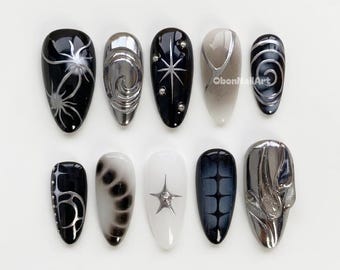 Noir Silver Starburst Press on Nails, zwart en grijs, chroomaccenten, abstracte lijnen, gotische esthetiek, feestglamour PO9BD
