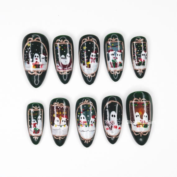 Ghost Holiday Art Press On Nails, Christmas Ghost Nails, Winter Cute Nail Art, Spooky Holiday Design, Hand Painted DLZW9