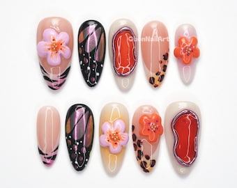 Tropical Wildflower Press On Nails, 3d Floral Nails, Leopard Print Nails, Bright Color Nails, Hand Painted Art PLXW9