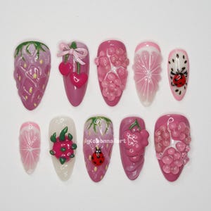 Berry Garden Press On Nails, 3D Strawberry & Cherry Nails, Ladybug Nail Art, Pink Floral Cute Summer Nail Set OB143