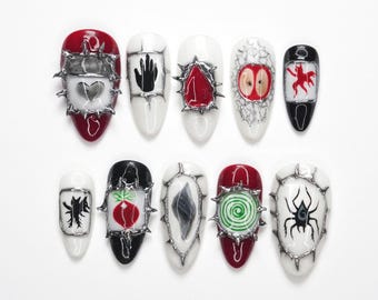 Dark Fantasy Art Press On Nails, Gothic Symbol Nails, Spooky 3d Nail Set, Horror Cosplay Nails, Red Black White Nails JN0O6