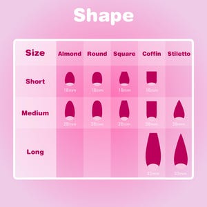 The image is a table that provides a visual representation of different nail shapes and their corresponding sizes, ranging from short to long.
