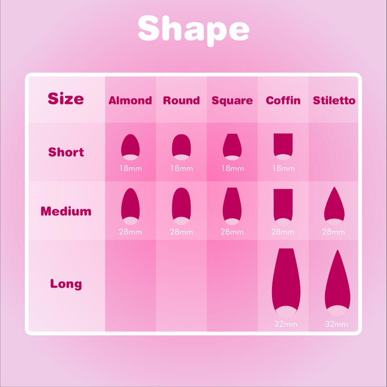 The image is a table that provides a visual representation of different nail shapes and their corresponding sizes, ranging from short to long.