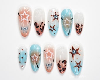 Uñas postizas con diseño de leopardo estrellado en tonos pastel, manicura rosa y azul, uñas con pedrería, uñas con diseño de estrella, uñas divertidas y llamativas LN0O6