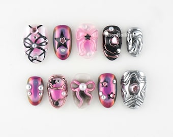 Chrome Bow Pearl Press On Nails, 3d Embellished Nails, Pink Black Silver, Y2k Nail Art, Trendy Pearl Nails XZ1W9
