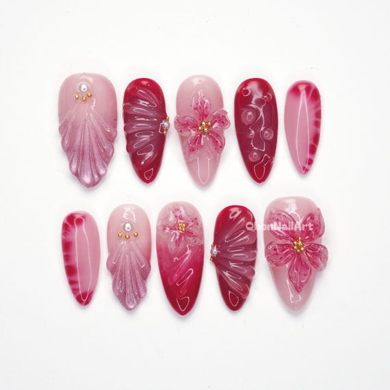 Pink Floral Glossy Press On Nails, 3d Flower Nails, Romantic Nail Art, Pearl Accent Nails, Cherry Blossom Vibe FRXW9