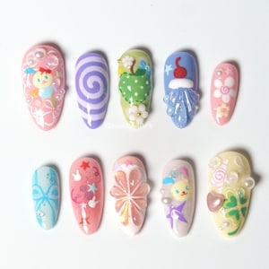 Kawaii Cartoon Pastel Press On Nails, 3d Cute Nails, Anime Inspired Design, Pastel Aesthetic, Harajuku Style, Fairy Kei Nails LD0O6