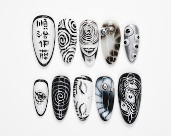 Spooky Spiral Monochrome Press On Nails, Horror Manga Nails, Gothic Press On Nails, Black White Nails, Creepy Cute Nails RN0O6