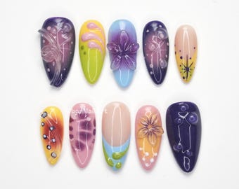 Colorful Fantasy Press On Nails, Pastel Gradient Nails, Cute 3d Nail Art, Whimsical Nail Design, Butterfly Press Ons JOXW9
