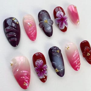 Wine Blossom Press On Nails, Burgundy Pink Gradient Nails, 3D Flower Nail Art, Elegant Deep Red & Purple Press Ons image 2