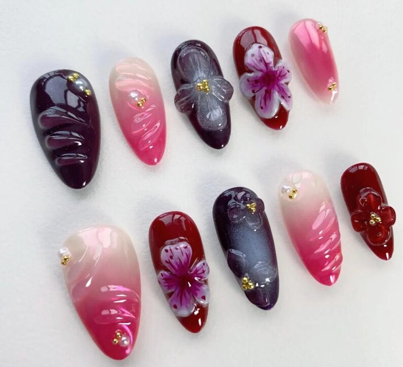 Wine Blossom Press On Nails, Burgundy Pink Gradient Nails, 3D Flower Nail Art, Elegant Deep Red & Purple Press Ons image 2