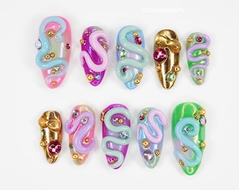 Neon Swirl Chrome Press On Nails, 3d Jelly Nails, Colorful Statement Nails, Y2k Nail Art, Funky Press Ons LQ0O6