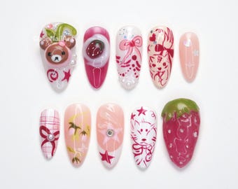 Kawaii Pink Mix Press On Nails, Cute Bear Design, Strawberry Nails, Japanese Kawaii Style, Pink Cartoon Art BQ0O6