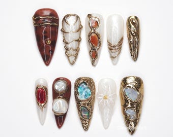 Gemstone Gold Sculpted Press On Nails, 3d Gem Art Nails, Luxury Crystal Nails, Gold Frame Design, Fantasy Press Ons BQZW9