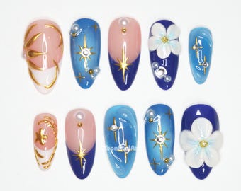 Celestial Blue Floral Press On Nails, Galaxy Nail Art, 3d Floral Nails, Gold Stars, Pastel Nails, Cosmic Press Ons X6WW9