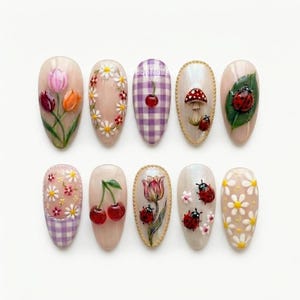 Whimsical Garden Cottagecore Press On Nails, Floral Art, Cherry Accent, Ladybug Charm, Gingham, Fairycore WOD28 - image 1