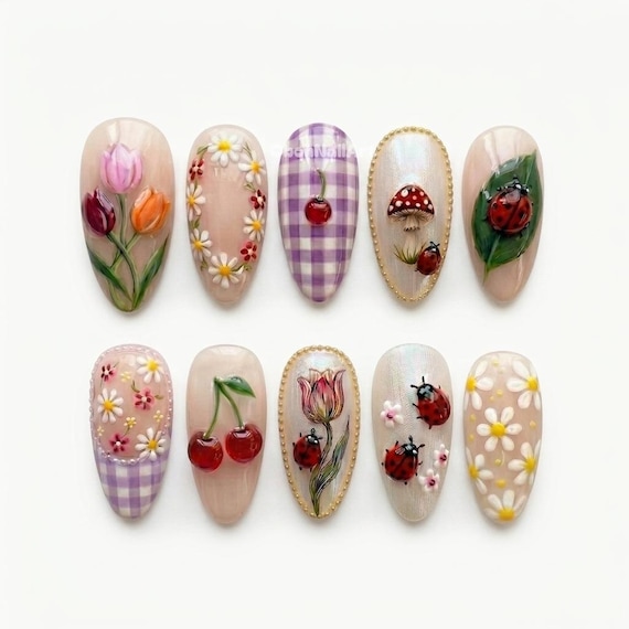 Whimsical Garden Cottagecore Press On Nails, Floral Art, Cherry Accent, Ladybug Charm, Gingham, Fairycore WOD28