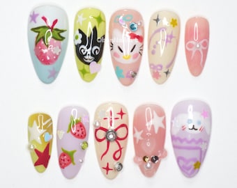 Cute Character Pastel Press On Nails, Kawaii Nail Art, Anime Nails, Pastel Press Ons, Handmade Cute Nails FQ0O6