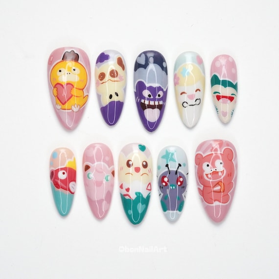 Cute Cartoon Character Press On Nails, Kawaii Art Nails, Anime Face Nails, Pastel Press Ons, Playful Nail Design, Fun Pop Art ZDZW9