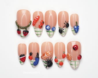 Whimsical Garden Press On Nails, Cute Bug Nail Art, Cottagecore Nails, 3d Summer Nails, Grid Accent Nails HTXW9