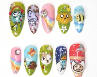 Adventure Time Press On Nails, 3D Cartoon Nail Art with Rainbow and Characters, Fun Cute Handmade Nail Tips