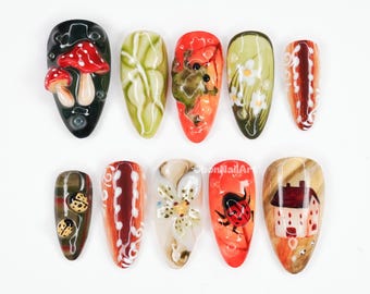 Woodland Cottage Press On Nails, Forest Fairy Nails, Frog Nail Art, Cottagecore Nails, Mushroom Nail Design, Ladybug Nails JGZW9