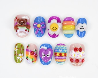 Słodkie, kreskówkowe, tęczowe, naklejane paznokcie, kawaii, kwiatowe paznokcie 3D, kolorowe naklejane paznokcie, zabawne wzory na paznokcie, zabawne, żelowe paznokcie NS0O6