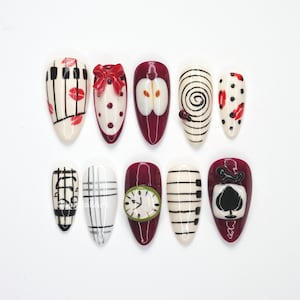 Uñas postizas Art Deco caprichosas, uñas con temática musical, uñas rojas, blancas y negras, arte de uñas retro, diseño de uñas con reloj VGXW9