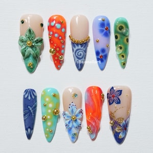 Skurrile Press On Nägel, Bunte Blumen Nägel, Psychedelische Nail Art, Festival Press Ons, Abstraktes 3D Nageldesign