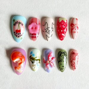 Uñas postizas de jardín caprichoso, frutas mixtas, diseño de conejito con flores 3D, dibujos animados y cereza orgánica.