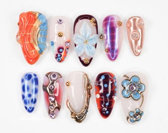 Floral Abstract Mixed Press On Nails, 3d Flower Nails, Artsy Nail Set, Colorful Press Ons, Handmade Nail Art FGZW9