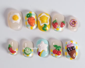 Uñas postizas Sunny Brunch, diseño de uñas con comida, uñas kawaii de desayuno en 3D, uñas pastel Caro, juego de uñas de dibujos animados hecho a mano