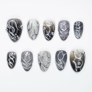 Abstract Chrome Black Press On Nails, Sculptural Nail Art, Metallic Gel Nails, Futuristic Nails, Gothic Chrome Nails ZU0O6